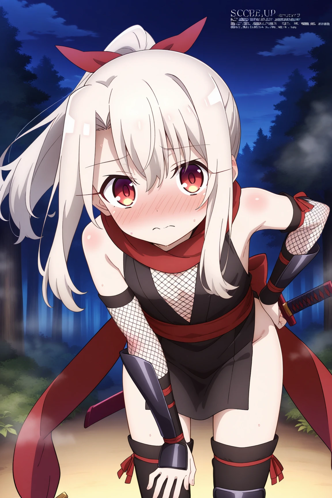 Illyasviel Von Einzbern,megami magazine,long hair,white hair,hair between eyes,red eyes,flat chest,
(ninja:1.2),(fishnet-bodysuit:1.3), bare shoulders, detached sleeves, cleavage,thighhighs,ponytail, white hair,(red ribbon:1.2),(ninja sword:1.3),
1loli,(is embarrassing,big blush,closed mouth,steam:1.0),
((leaning forward,hand on hip:1.2)),
(night,forest:1.0),clothed