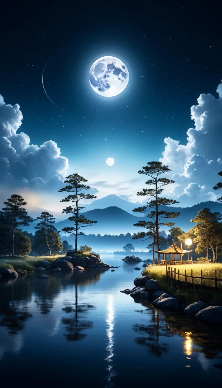 Landscape Photography，author：Mikko Lagerstedt，In the night sky of Mid-Autumn Festival，A magnificent full moon hangs high in the sky，Illuminating a Serene Landscape，Soft clouds drift by，Magnificent，Full of atmosphere，Hyperrealistic digital painting，Movie-like lighting effects，3D Rendering，The moonlight shines with golden light，8K超high resolution，Extreme details，Panoramic view，Magnificent scene。（RAW photos，Best quality），（reality，photo reality：1.3），masterpiece，Extremely exquisite and beautiful，high resolution，Original，Perfect lighting，（Extremely detailed CG：1.2），unified，Amazing，Fine details