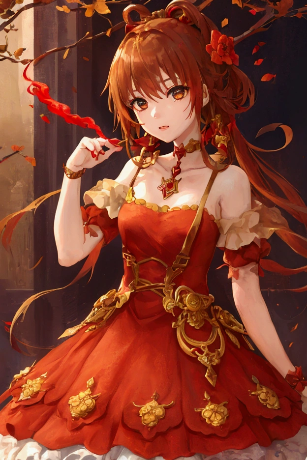   a girl  ， Wearing a red smoke and gold rust fairy dress