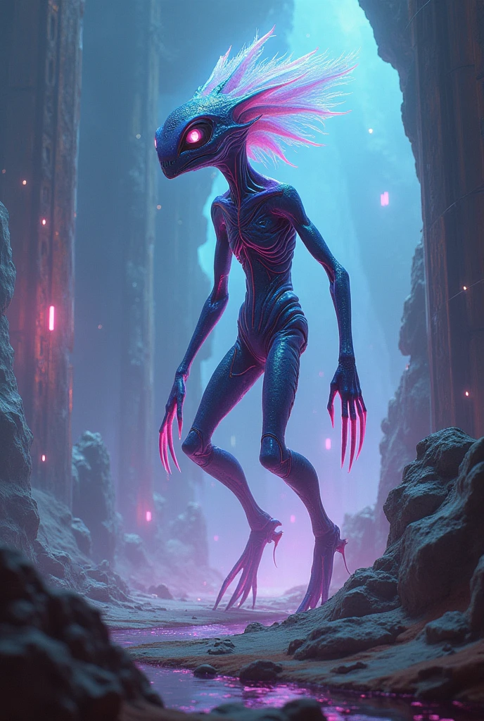 ,walking on the water,See a large alien creature,(Translucent water sprite,It grows a pair of wings),Fly out of the sea,Splashes,Ambient blue lighting, There are plants, Rich in color,Lighting effects,film effect,tmasterpiece,The sky comes in many colors