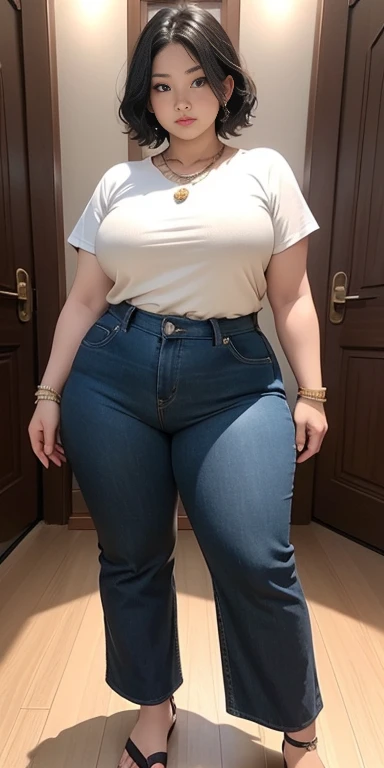 Indonesian woman, thick body, cold atmosphere , thick cheeks , full body , random pose, wavy short hair , thick hips, 40 years old , slightly fat arms , slightly fat belly , thick thighs pants, wearing bracelet ,wearing huge diamond necklace , watch , hena art on her skin,, muslim clothes 