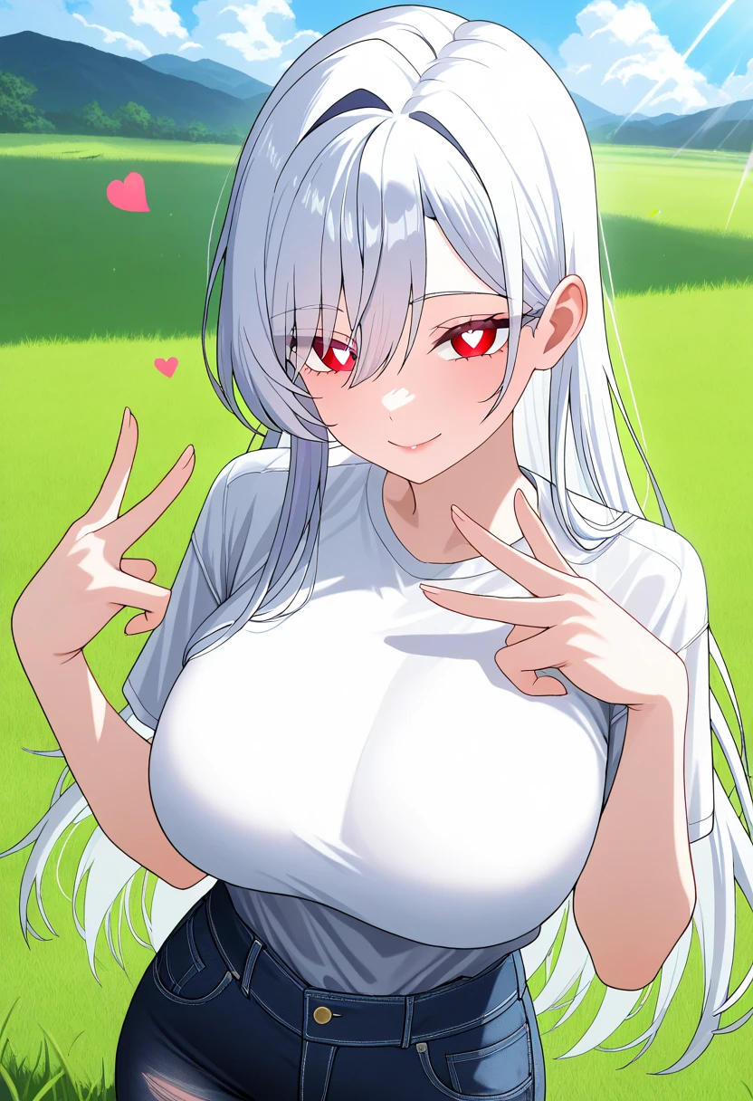  masterpiece ,  best quality , newer, 1 girl,  looking at the viewer ,  gunman shot ,
monte_dama, Ojos rojos,  white hair ,  long hair, perforar el cabello, bright pupils,
 big breasts , Lips, smile, Heart with fingers, 
outdoors, Grass, landscape, cloud, Sunlight, field, summer,  usando un top y jeans