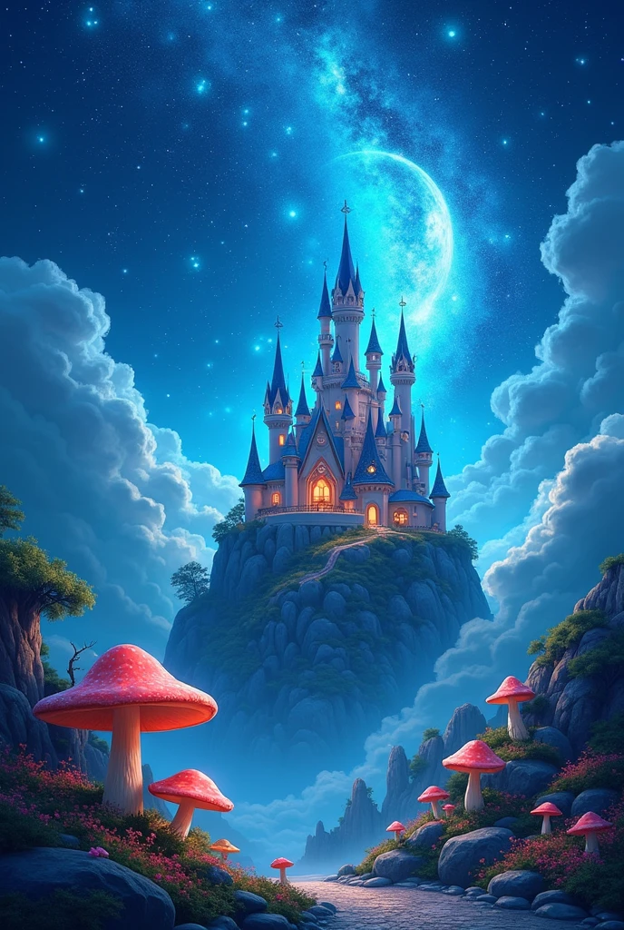A MAGIC BLUE GALAXY BACKGROUND, stars, cure, clouds, CASTLE AND MUSHROOMS