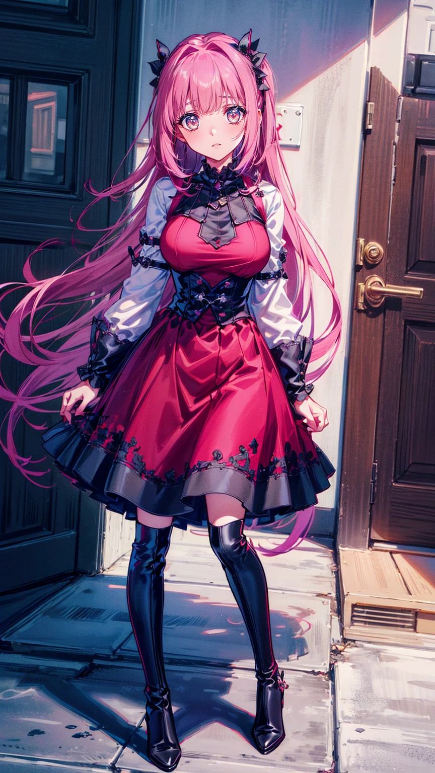 ( Highest : 1.2), (  very detailed bust: 1.2), (  very detailed bust CG: 1.2), ( resolution: 1.2), (The scariest), 8k,  Animated Illustration , 、 beautiful girl、とてもcute天使、I'm in front of the front door wearing a pink gothic dress、cute、Baby Face、smile、 Long Skirt、Black long boots、
