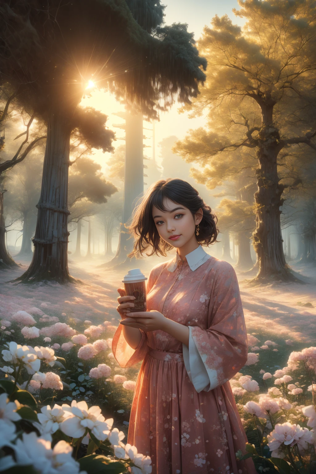 absurdres, highres, real, (realistic), (4k), 8k, 1girl, random hair, big eye, ([green | shining] eye ), beautiful style, BREAK (Ultra-definitive background, beautiful background:1.2), Cherry Blossom Tree Road with beautiful spring, a flower-patterned dress, sunny weather, A look of trust, giving me a cup of ice coffee glistening in the sun, a big smile, white teeth