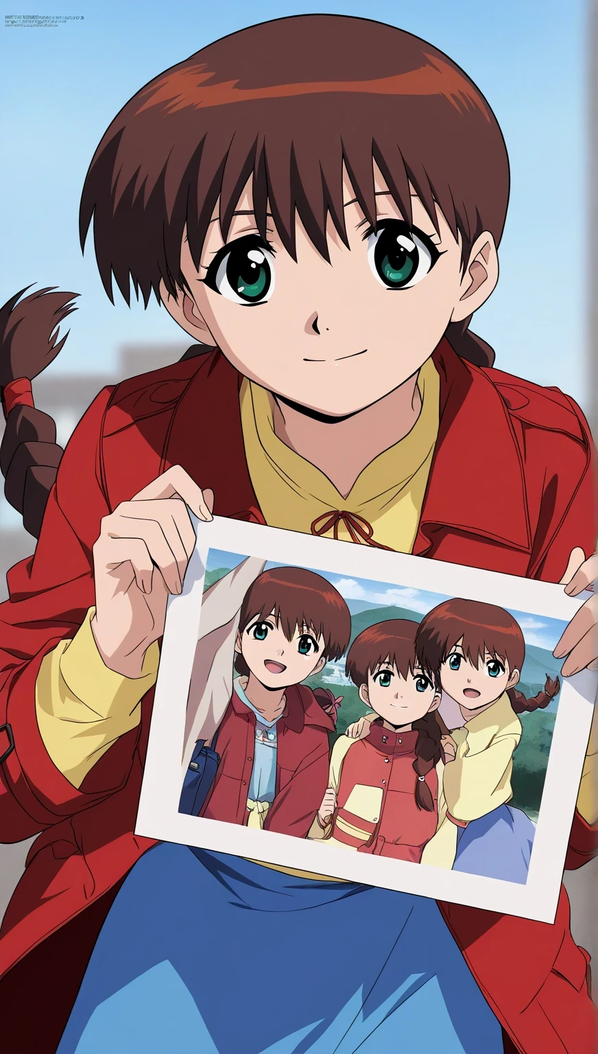 masterpiece , best quality , good quality, Miyanoshita _Satsuki, 1 , Alone, brown hair, green eyes, single braid , long hair, fringe, Yellow long sleeves 11 mark ,
blue skirt,red coat,yellow long sleeves,
anime coloring , open air, is, sky,
to smile, looking at the viewer , Cowboy _Take a woman holding a sign, professional photo, advertising photo, Large portrait, Professional art, on gray background