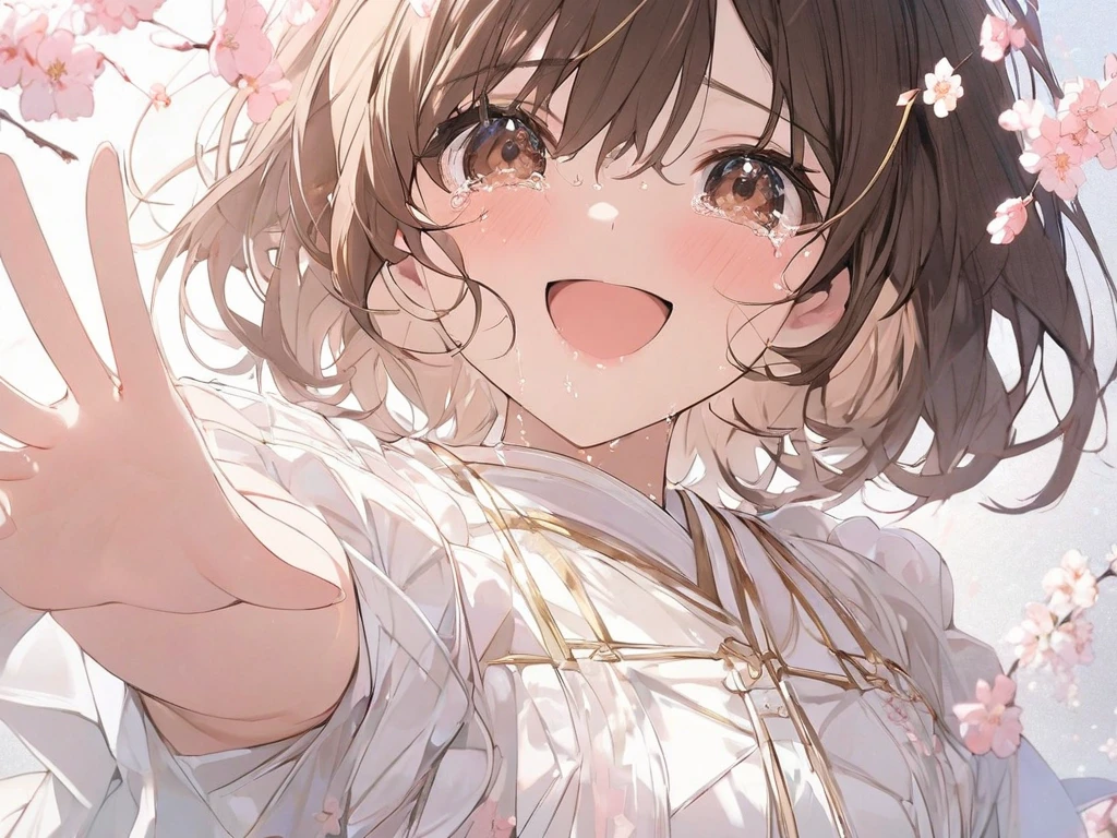 (( top quality)), ((masterpiece)), (  Details),  One Girl ,slim,Brown Hair,brown eyes,heartwarming smile,cute,reaching,white dress,tears streaming down face,cherry blossoms,golden ratio,grey background,