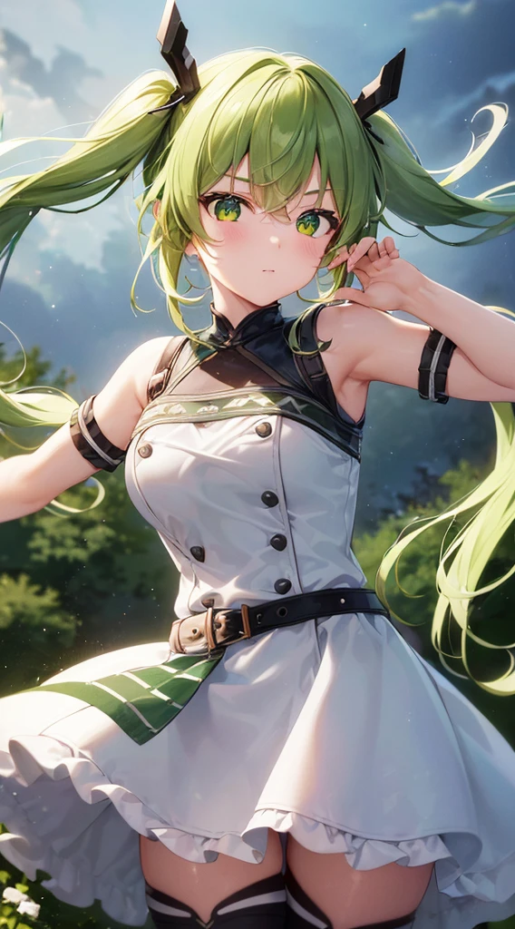 (Girl),(woman),(beautiful),(white color),(long green hair),(beautiful face),(green eyes),(height 1.68),(super busty),(body structure),( body slender),(Sexy ass),(Breasts size 190 cm long super large),(wearing),+,(A cheerleader outfit consisting of a 10 cm long sleeveless cropped blouse with a neckline in the middle of the blouse and a tight short skirt reaching up to the butt)