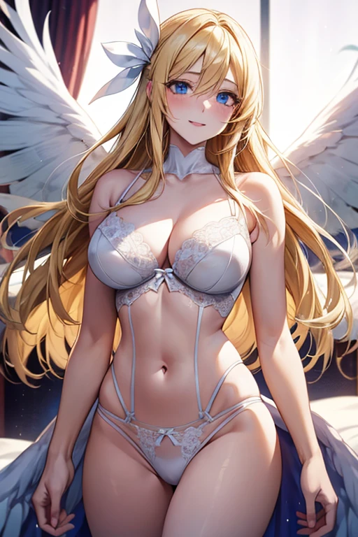 (((white lingerie))), Very detailed、highest quality、Best image quality、masterpiece、8k、Anime Face、A kind smile、Open Mouth、(Blonde long hair:1.5)、big breast, sexy、 beautiful body 、Cowboy Shot, ((wings)), Sexual Intercourse, (((cum in pussy))),(breast milk), (blue eyes)