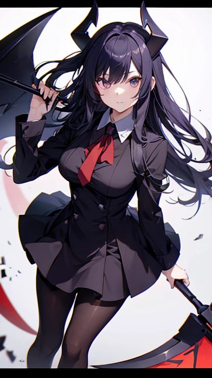 best quality, masterpiece, 1girl, elegant, medium black hair, red eyes, thighhig, black uniform, red tartan skirt, plain background, subtle smile, smirk, soft lighting, medium breasts, monochrome, light novel style
