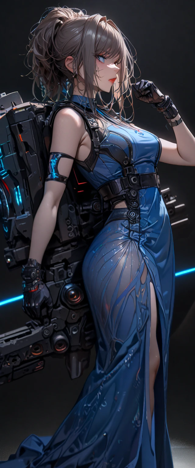 (cyber punk), (nikke), (top quality:1.2, masterpiece:1.4, EXQUISITE RENDERING:1.3), ((A girl carrying a weapon that looks like a feather on her back:1.2)), (Clear eyes,  glossy lips, pretty face), ((ARMS CONVERTED TO LASER CANNON:1.4)), (WITH LASER CANNON:1.4), ((Blue long dress:1.8)), (EXQUISITE PAINTED DRESS),   MECHANIZED ANIMATION MACHINE GUN FIRE,  A warring sniper girl, Soldier Girl,  FEMALE ACTION ANIMATION ANIMATION GIRL, Neon City,  POST APOCALYPSE ART,  androgynous,  mixed media,  blue legwear, Analog Horror, Nightmare Fuel,  seductively beautiful,  Beautiful and Evil,  ((Fighting Pose:1.5)), (full body photo:1.2)、((black background:1.6)),