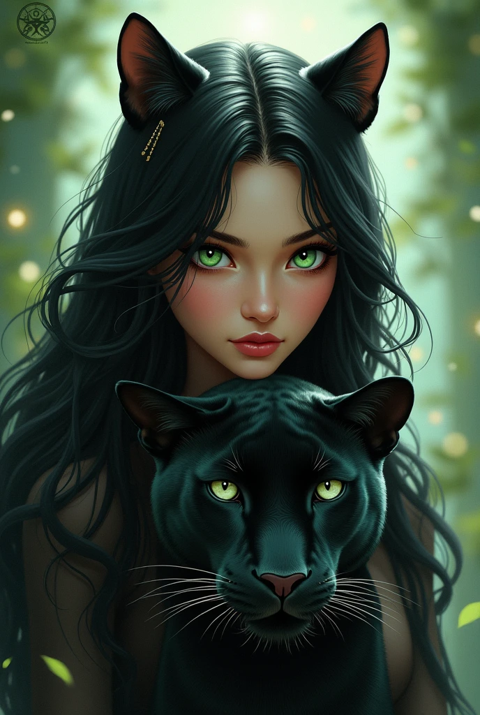Girl with black eyes and hair on her chest, 25 years old, with glasses in the jungle with a giant cat behind her and other smaller kittens, all of them are colors between black, brown and white