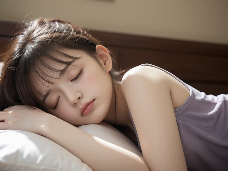  1 girl , Deep sleep、 closed eyes,  opens her mouth slightly ,  frowns,  high definition ,  anatomically correct,  High Quality ,  high detail,  High Definition Model ,  High Quality , 20 year old girl、Sleeping Position,Tシャツ