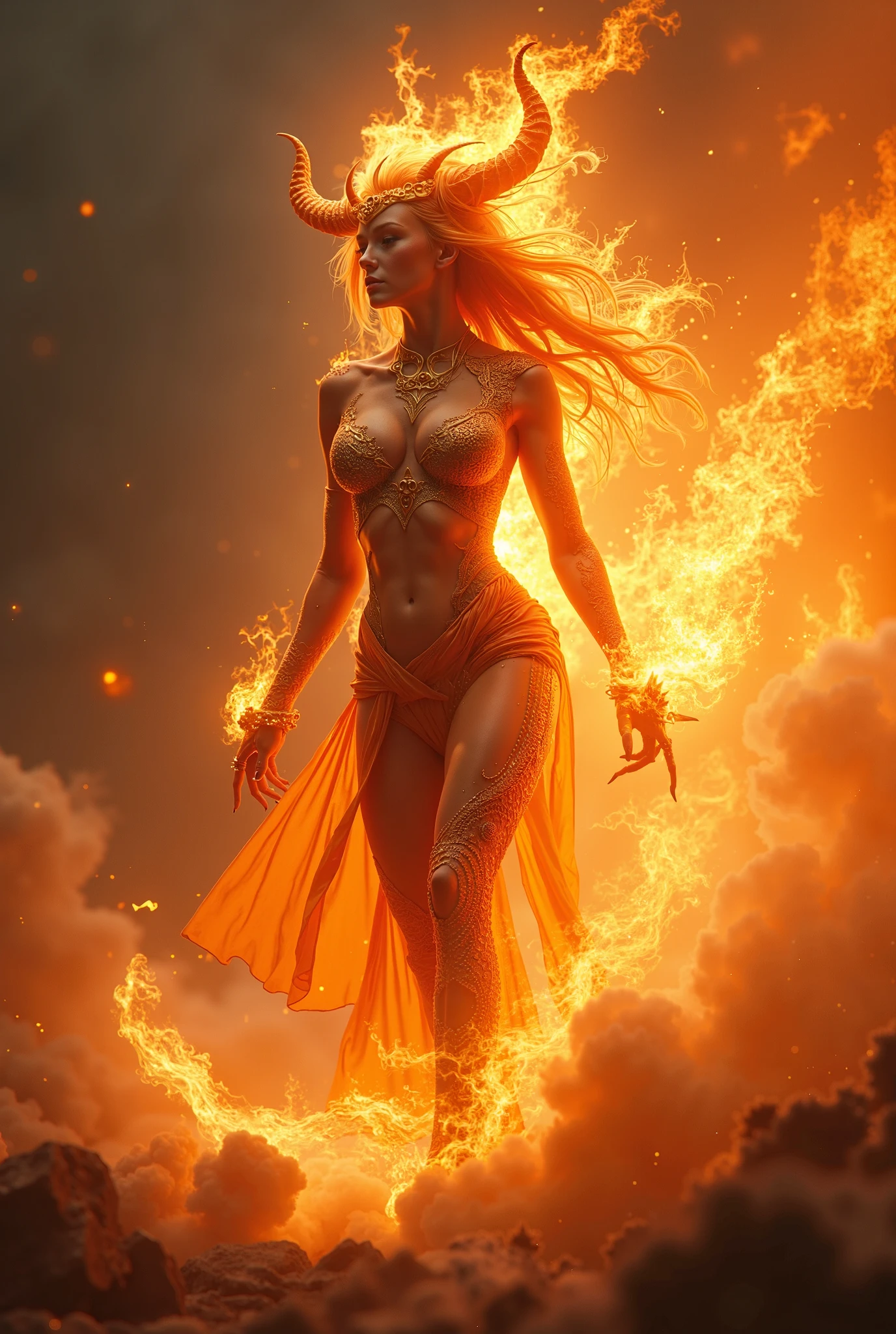arafed woman in a red outfit with horns and a sword, hot fire goddess, bodybuilder superhero bikini, appears as the fire goddess, she has fire powers, muscular warrior women, cinematic goddess body shot, the super hot and sexy, fire goddess, the sorceress casting a fireball, firey, her body made of flames, goddess of fire