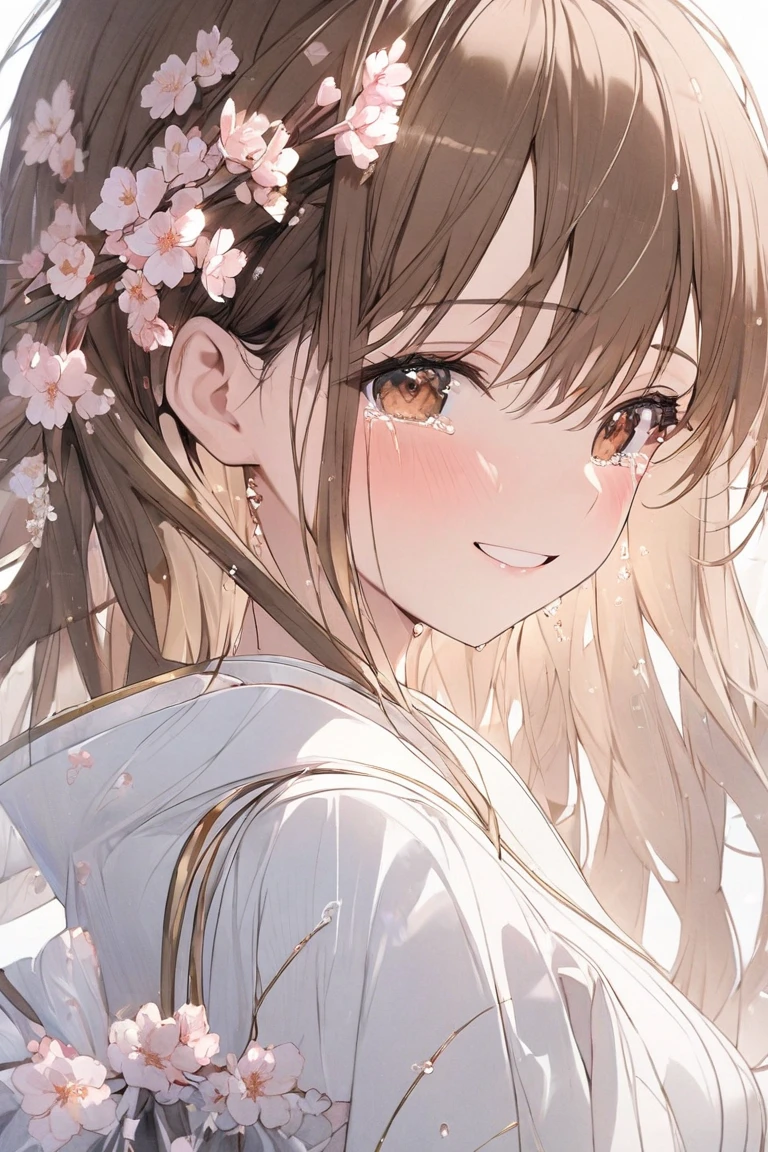 (( top quality)), ((masterpiece)), (  Details),  One Girl ,slim,Brown Hair,brown eyes,heartwarming smile,cute,reaching,white dress,tears streaming down face,cherry blossoms,golden ratio,grey background,