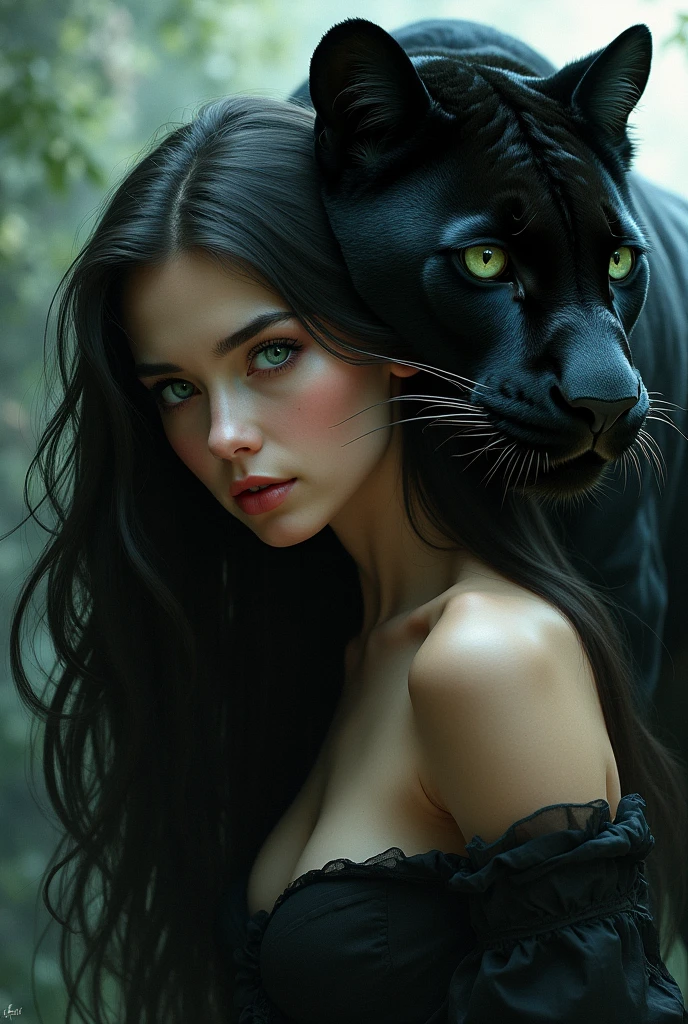 A brown-haired girl with green eyes with a black animal panther with brown eyes next to her 