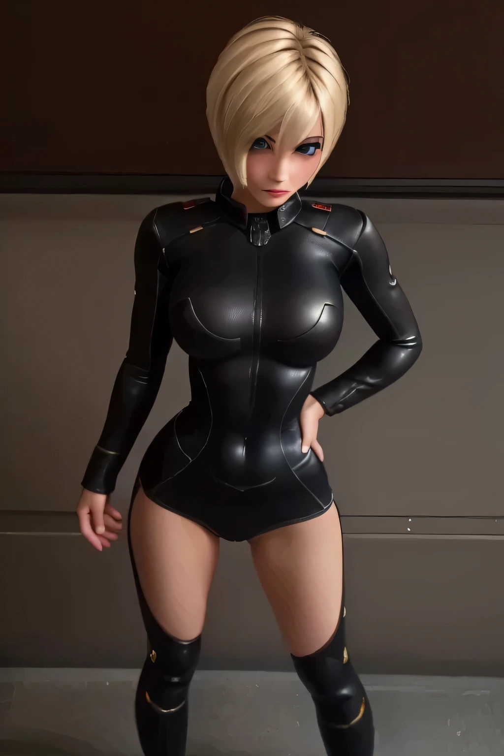  full body shot ,  standing,  beautiful woman , Sergeant calhoun , 25 years old, Not a uniform but a tight-fitting wetlook catsuit , black high heel ankle boot stilettos  , underboob,  slim sporty body  , long legs, Camera view diagonally from above , light blonde hair pixie bob  ,  blue eyes , smaller Bottom,   Large round breasts, Enge Size , narrow hips,  best quality ,  ultra realistic 