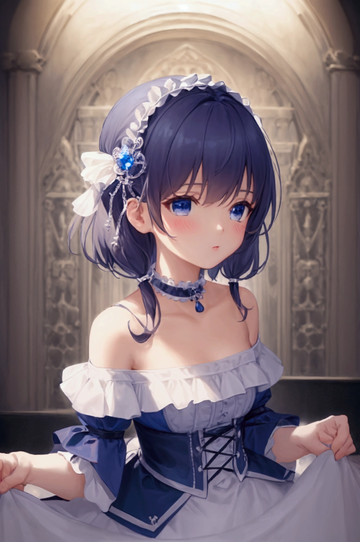 ( best quality, masterpiece), 1 Girl,  intricate details , off shoulder, blue and white pleated skirt, choker, frills,  perspective ,  is watching the audience ,  blush,  upper body,  blurry background, printing,