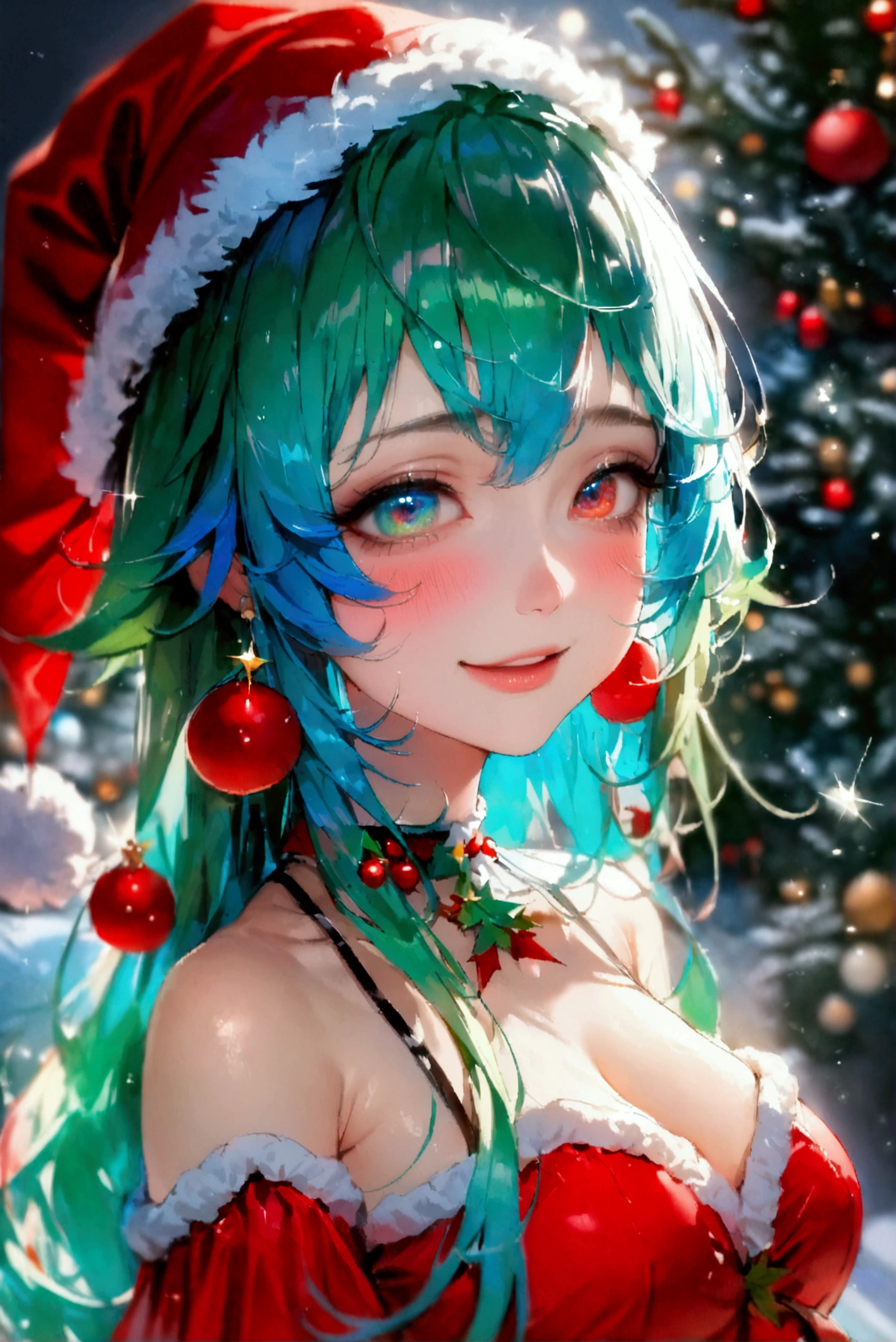 cute girl,, Shiny Hair, Big, bright eyes, Breathe deeply through your lips, compensate, Attractive and sexy expression , Great ratio, 2.5D,  delicate and dynamic,  misty filter effect, Beautiful Effects, smiles, Light blush,  eyes sparkle,  colorful eyes, (((green and red Santa ))), mini dress