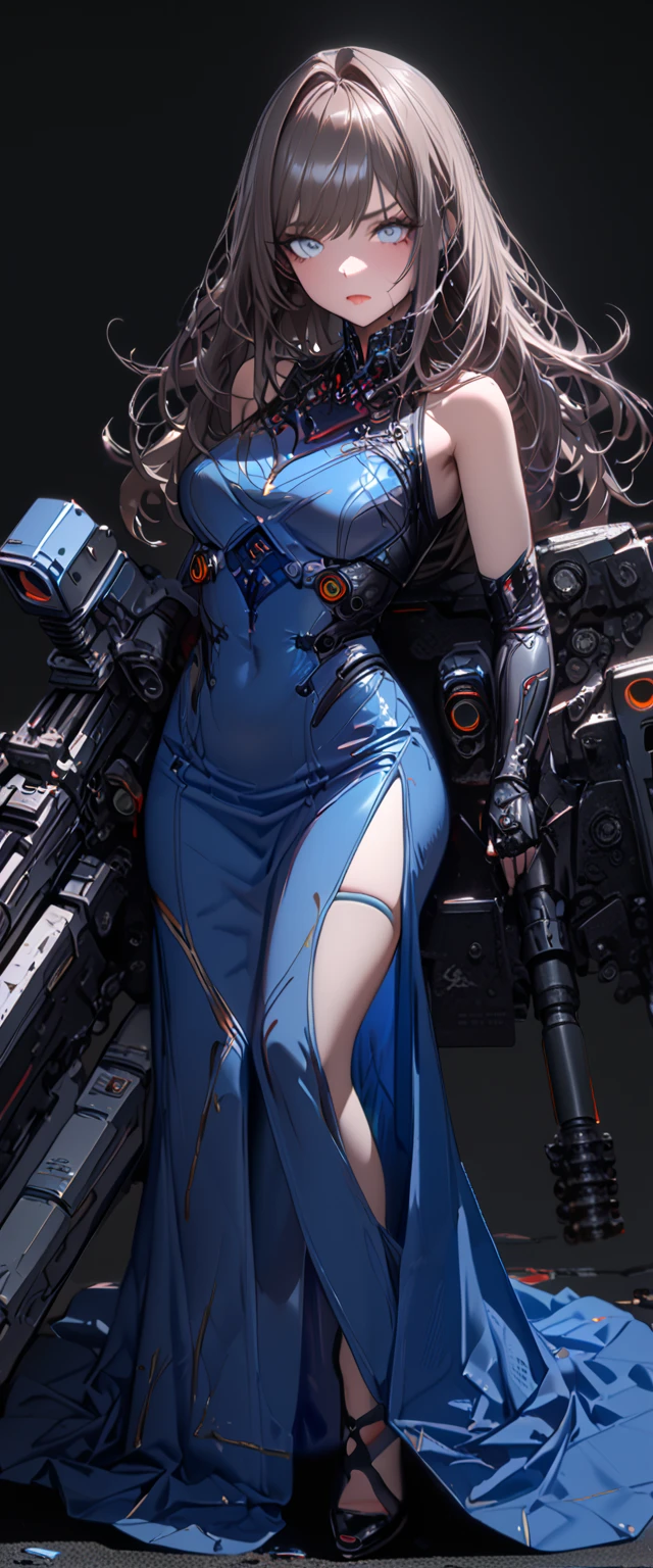 (cyber punk), (nikke), (top quality:1.2, masterpiece:1.4, EXQUISITE RENDERING:1.3), ((A girl carrying a weapon that looks like a feather on her back:1.2)), (Clear eyes,  glossy lips, pretty face), ((ARMS CONVERTED TO LASER CANNON:1.4)), (WITH LASER CANNON:1.4), ((Blue long dress:1.8)), (EXQUISITE PAINTED DRESS),   MECHANIZED ANIMATION MACHINE GUN FIRE,  A warring sniper girl, Soldier Girl,  FEMALE ACTION ANIMATION ANIMATION GIRL, Neon City,  POST APOCALYPSE ART,  androgynous,  mixed media,  blue legwear, Analog Horror, Nightmare Fuel,  seductively beautiful,  Beautiful and Evil,  ((Fighting Pose:1.5)), (full body photo:1.2)、((black background:1.6)),