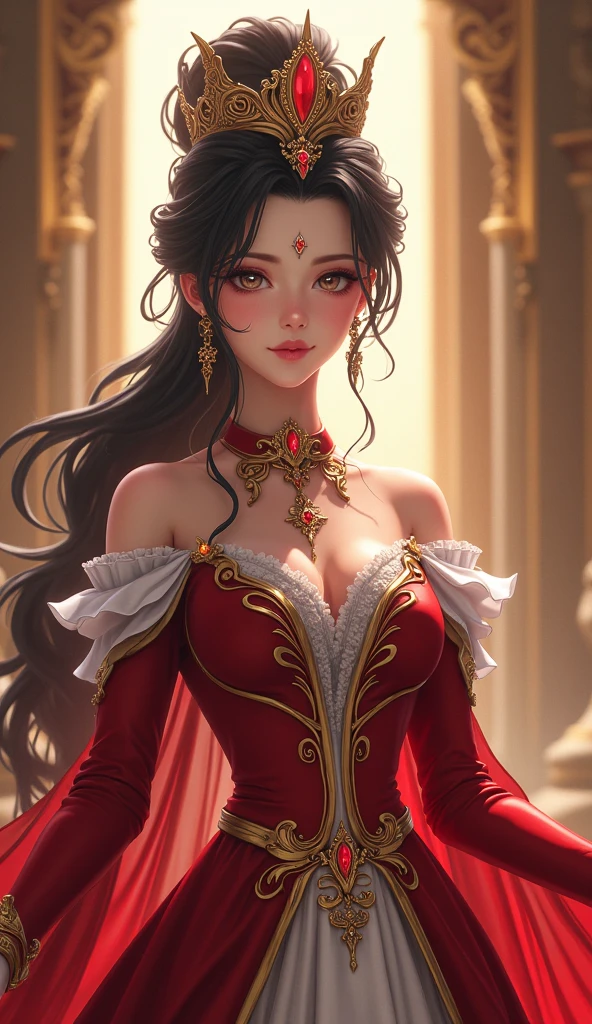 masterpiece,best quality,(8k, RAW photo:1.2),(( ultra realistic)),(full body portrait),upper body,aristocratic style,Royal style,(1girl),(solo),, gorgeous_light_and_shadow, stunning environment, (vibrant colors:1.2),soft focus, (sharp focus:1.1),(delicate illustration:1.4),, black hair, intricate hair ornament,stud earrings,ponytail plait, bracelets,(choker:1,3),jewelry,hair decoration,, 1 young girl, (18yo:1.3), (sharp focus:1.4), (Japanese:1.0),(chinese:0.5),(renaissance face),photo of a woman,, messy hair,long hair, black hair, exquisite hair, exquisite colored hair,, ultra realistic,hick lips, beautiful lips,, exquisite facial features,perfect skin, genbwpatani_4t ,Hero