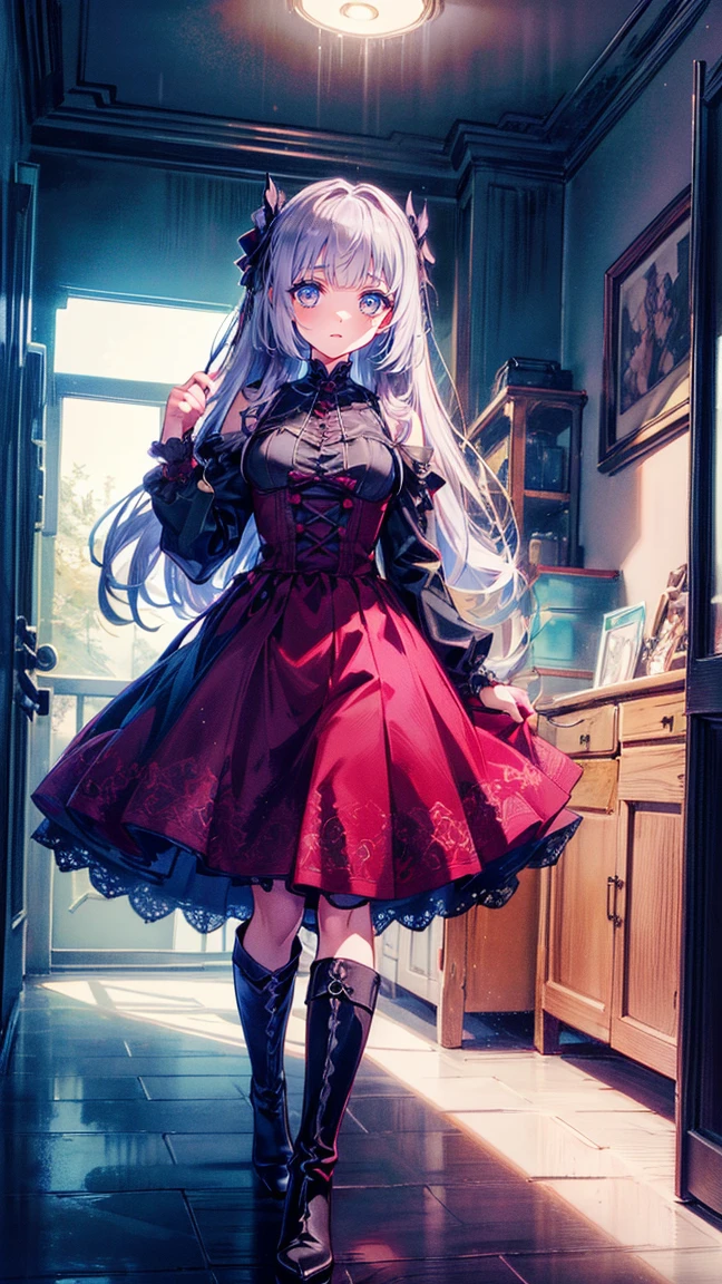 ( Highest : 1.2), (  very detailed bust: 1.2), (  very detailed bust CG: 1.2), ( resolution: 1.2), (The scariest), 8k,  Animated Illustration , 、 beautiful girl、とてもcute天使、I'm in front of the front door wearing a pink gothic dress、cute、、smile、 Long Skirt、Black long boots、
