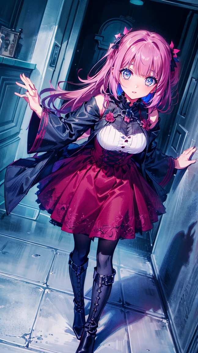 ( Highest : 1.2), (  very detailed bust: 1.2), (  very detailed bust CG: 1.2), ( resolution: 1.2), (The scariest), 8k,  Animated Illustration , 、 beautiful girl、とてもcute天使、I'm in front of the front door wearing a pink gothic dress、cute、Baby Face、smile、 Long Skirt、Black long boots、
