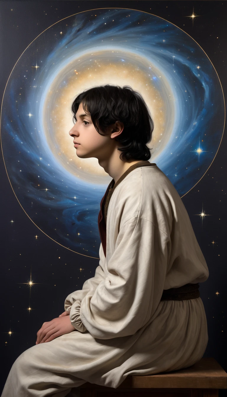 "A Renaissance-style oil painting in the style of Leonardo da Vinci, depicting a young  with short black hair, sitting with their back turned, gazing contemplatively at the vast cosmos. The  is positioned at the center, surrounded by soft chiaroscuro lighting that accentuates the gentle folds of their simple yet elegant attire. The cosmos before them is a mesmerizing expanse of stars, nebulas, and celestial formations, rendered with intricate detail and depth. The composition captures a profound sense of wonder and connection between the  and the universe, embodying Renaissance ideals of harmony, curiosity, and the pursuit of knowledge. The scene is imbued with a mystical and timeless quality, presented as a true masterpiece."