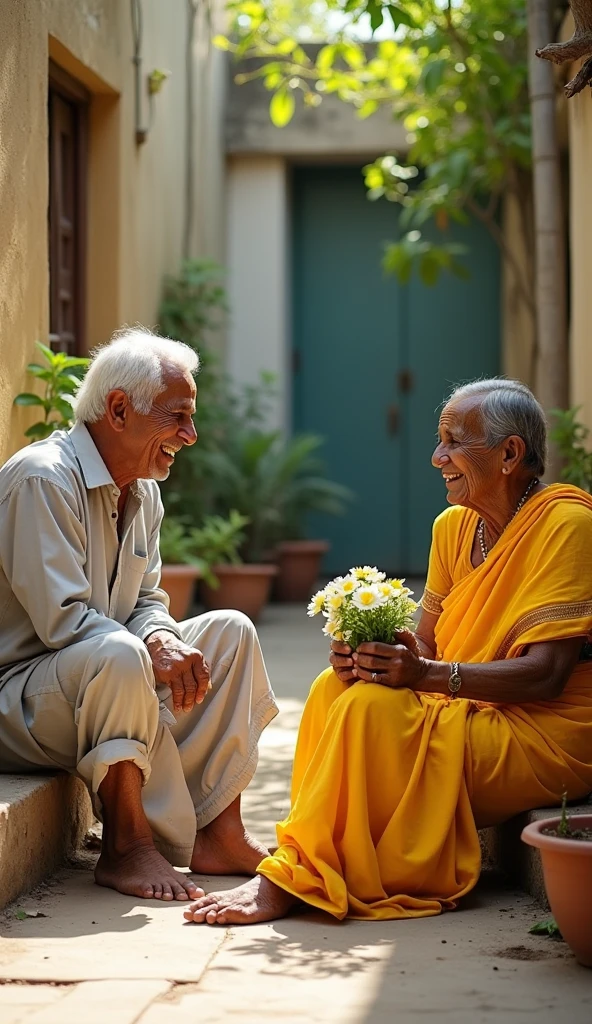 Five indian old people sitting and laughing together in a park