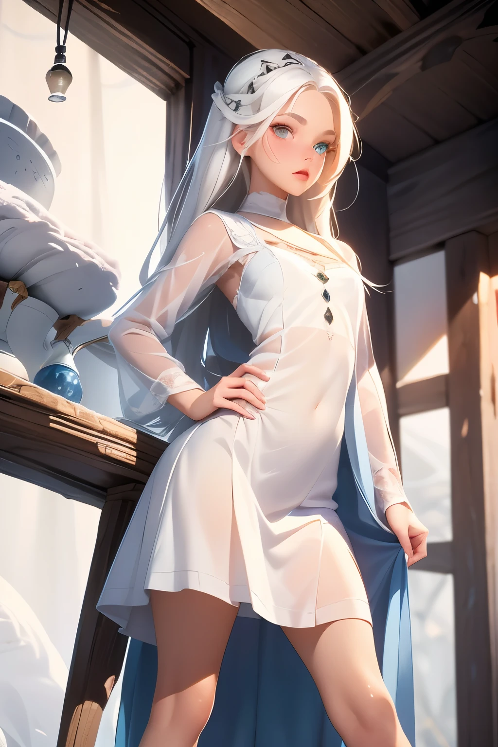  pretty girl  . She is 18 years old , height 180 centimeters .  small chest  , Second size .  Long very beautiful legs . snow-white hair .   She has heterochromia  .  One eye is blue  , the second is brown  .  She is wearing a simple dress  ,  standing at the ball  . 