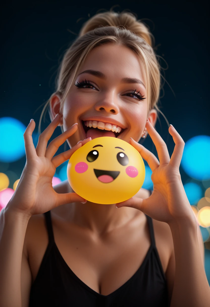 An extreme closeup of a laughing emoji held between two fingers, black emoji bokeh background, vibrant glow,