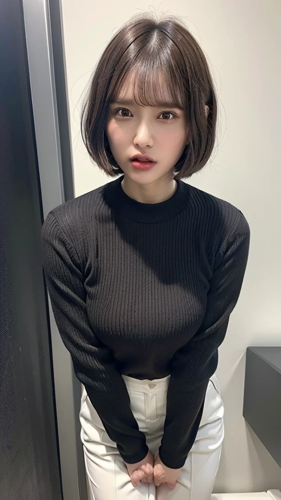 (((black long sleeve knit, white business pants))),((((brown short bob hair, bangs)))), ((junior face)), (((hands between legs, have to pee, standing))), Japanese、(((angry face, open mouth:1.2)))、((((Round face))))、(big cheeks)、((Cute Face))、(((Japanese idol)))、(((background: dark restroom))),  Ultra High Definition,  high image quality model,  retina,  top quality, High resolution、high resolution、in 8K,Highly detailed eyes and face、超High resolution, High resolution、high resolution、in 8K