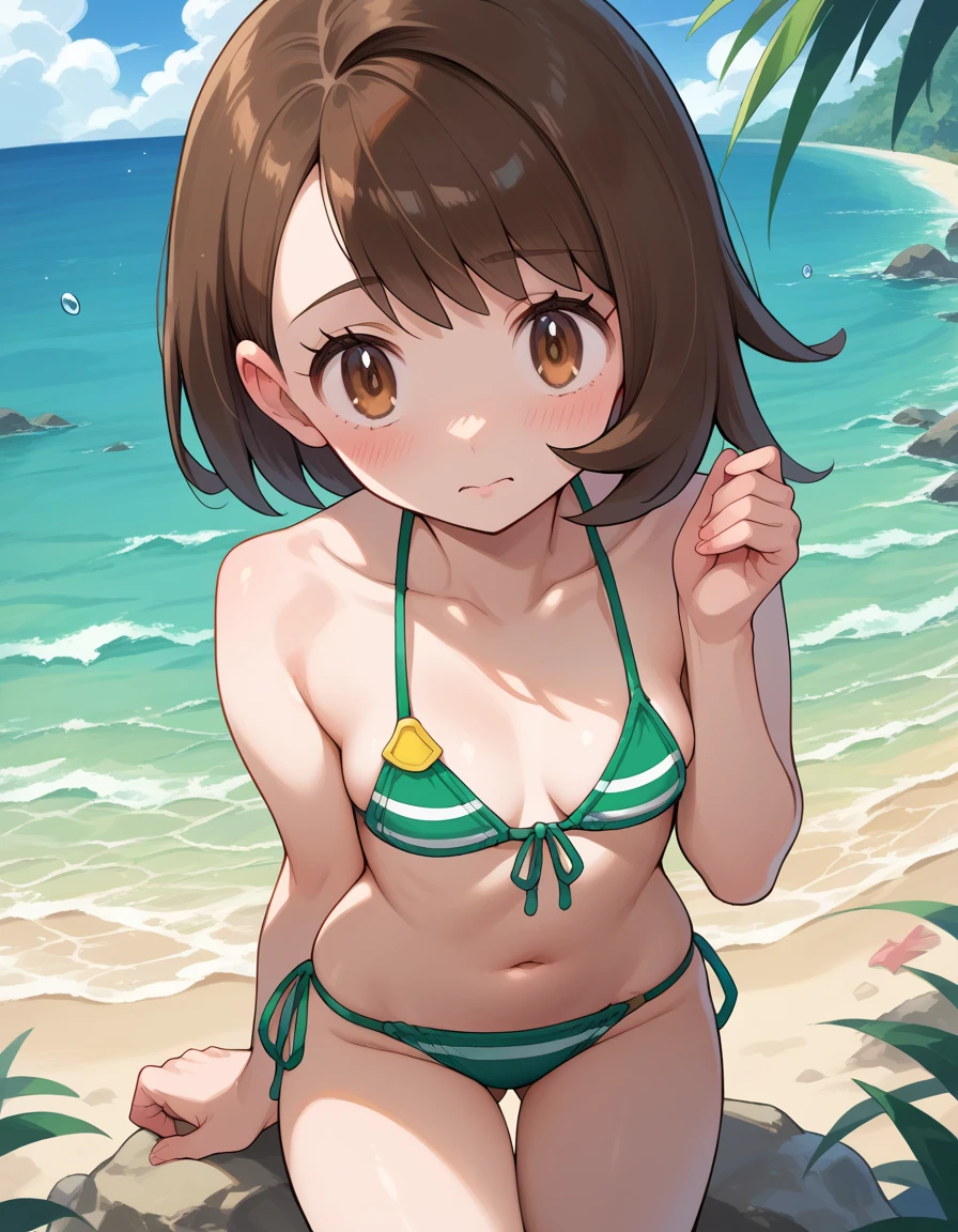 girl, alone, short hair, Bronze colored hair, thin, Misaka sister,Yellow ultra-high leg one-piece swimsuit , Beach、play、Fascinating、smile、