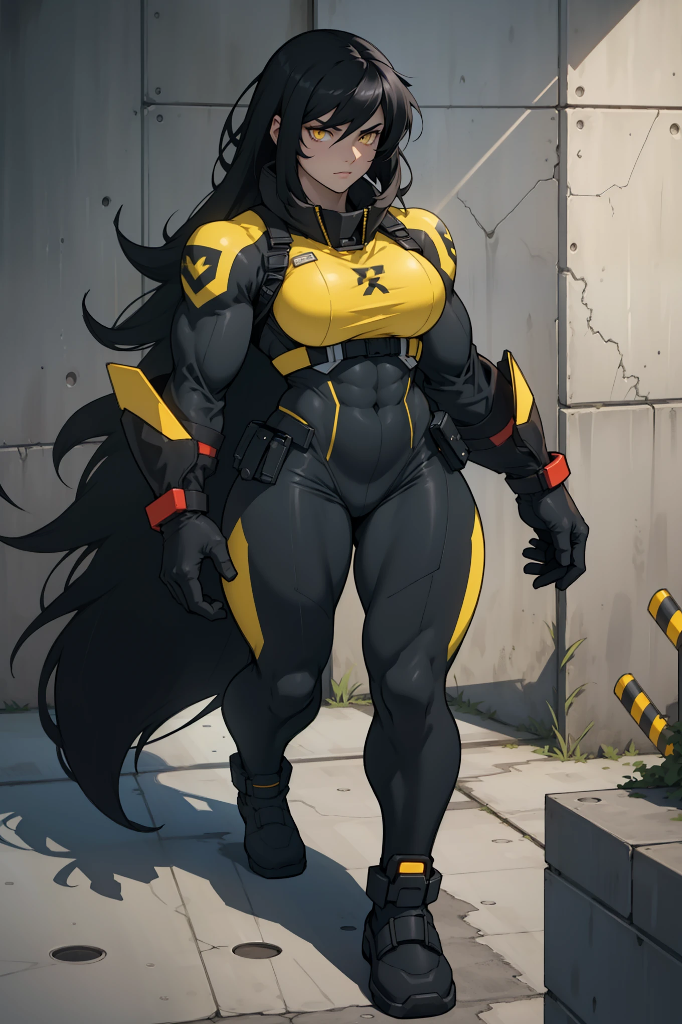 ((((1 girl, muscular)))), (thick thighs, huge breasts, very long hair), black hair, yellow eyes, solo, sweaty, shiny skin, steamy, foggy, angry, (three-piece suit), (dark atmosphere), pale skin