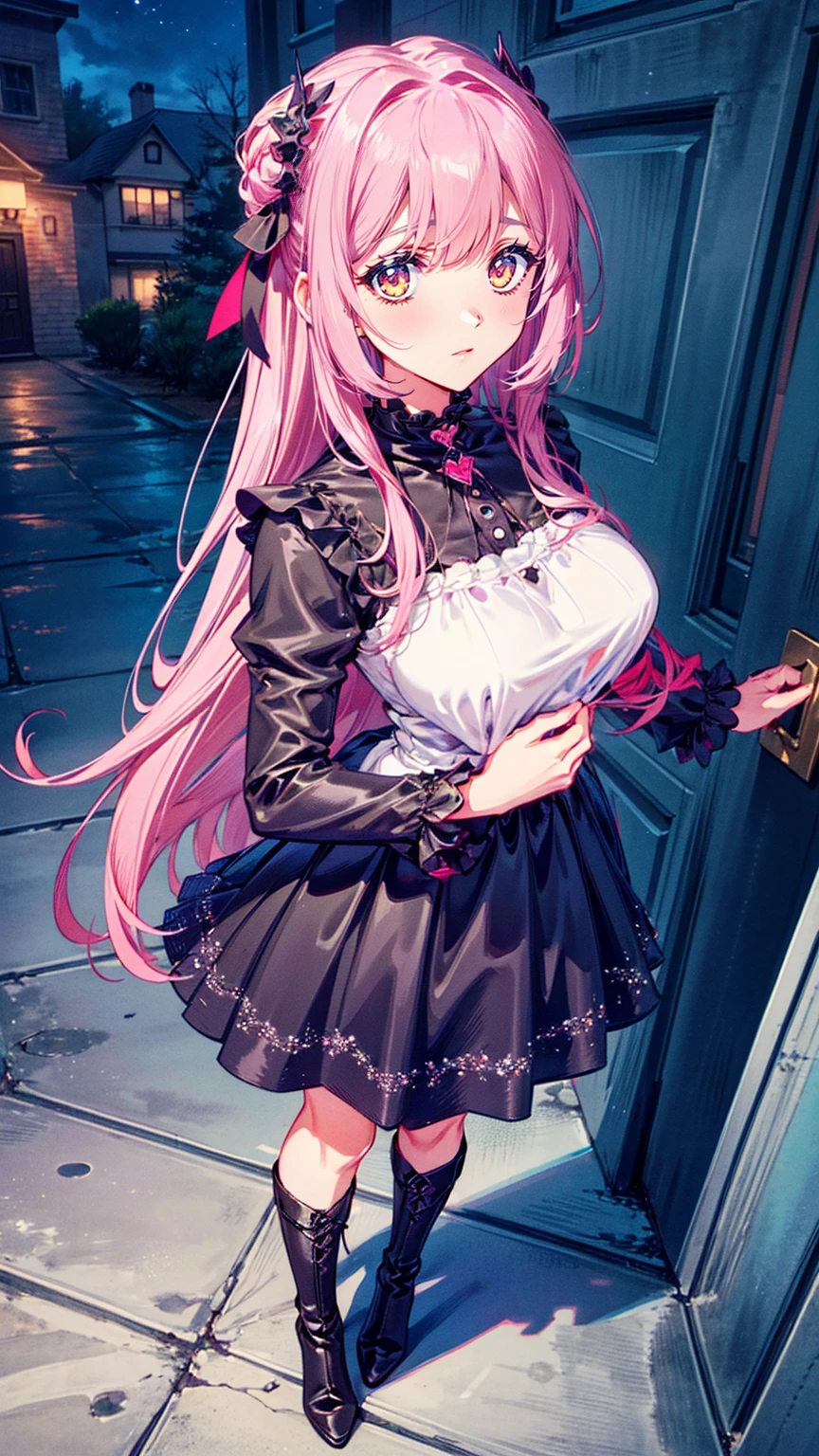 ( Highest : 1.2), (  very detailed bust: 1.2), (  very detailed bust CG: 1.2), ( resolution: 1.2), (The scariest), 8k,  Animated Illustration , 、 beautiful girl、とてもcute天使、I'm in front of the front door wearing a pink gothic dress、cute、Baby Face、smile、 Long Skirt、Black long boots、
