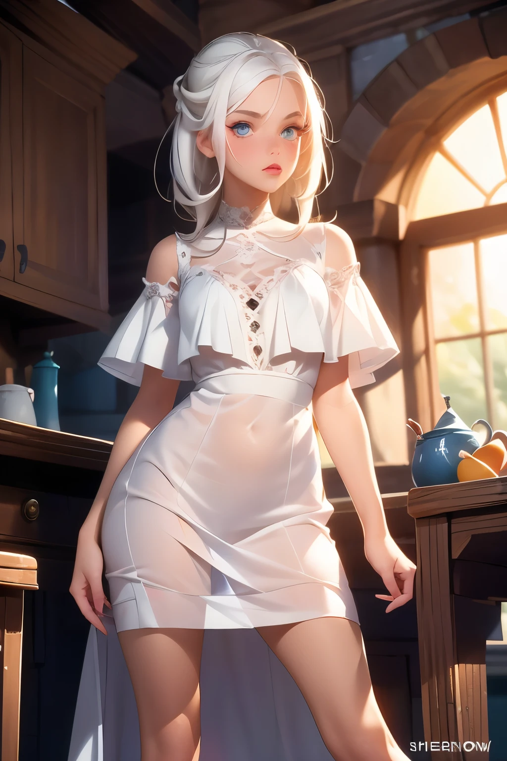  pretty girl  . She is 18 years old , height 180 centimeters .  small chest  , Second size .  Long very beautiful legs . snow-white hair .   She has heterochromia  .  One eye is blue  , the second is brown  .  She is wearing a simple dress  ,  standing at the ball  . 