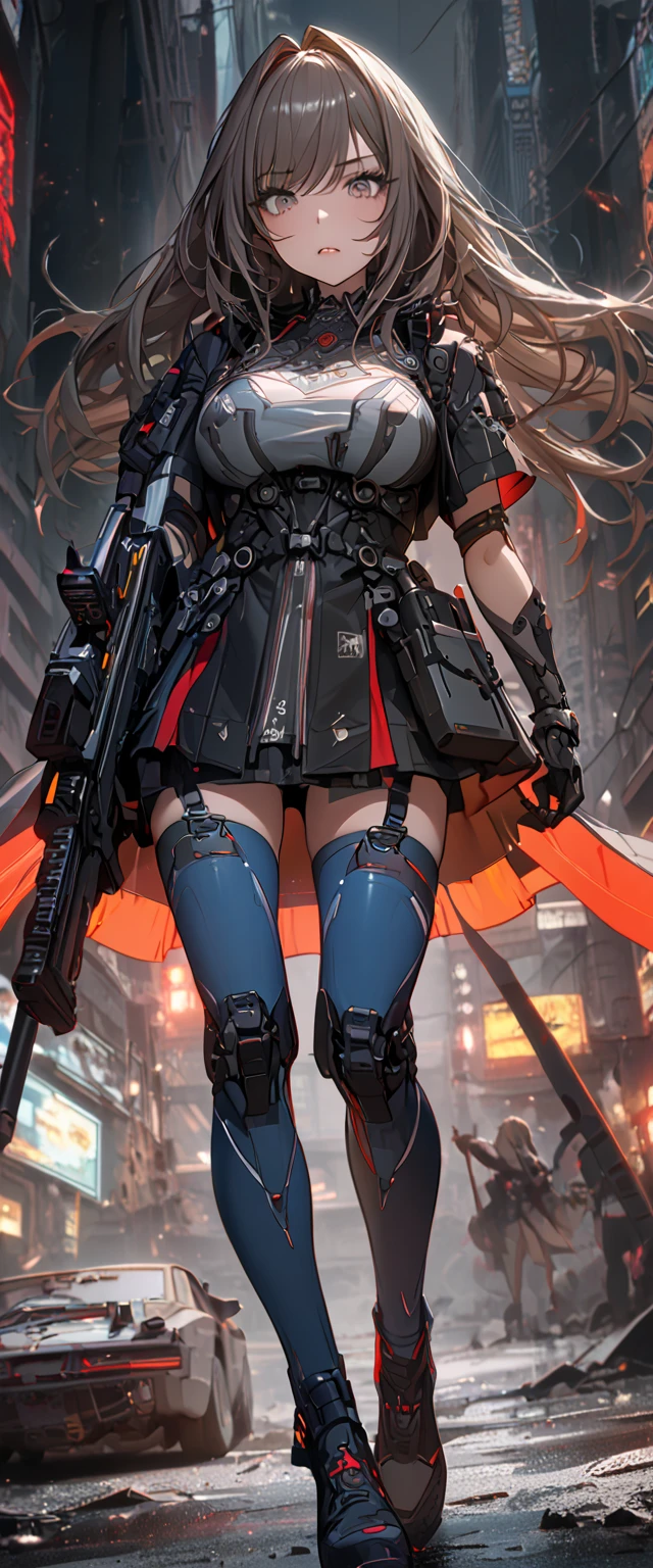 (cyber punk girl), (nikke), (top quality:1.2, masterpiece:1.4, EXQUISITE RENDERING:1.3), (((Secret Weapon Girl:1.2)), ((A girl carrying a weapon that looks like a feather on her back:1.5)), (Clear eyes,  glossy lips, pretty face), ((ARMS CONVERTED TO LASER CANNON:1.4)), (WITH LASER CANNON:1.4), ((Blue long dress:1.8)), (EXQUISITE PAINTED DRESS),   MECHANIZED ANIMATION MACHINE GUN FIRE,  A warring sniper girl, Soldier Girl,  FEMALE ACTION ANIMATION ANIMATION GIRL, Neon City,  POST APOCALYPSE ART,  androgynous,  mixed media,  blue legwear, Analog Horror, Nightmare Fuel,  seductively beautiful,  Beautiful and Evil,  ((Fighting Pose:1.5)), (full body photo:1.2)、((black background:1.6)),