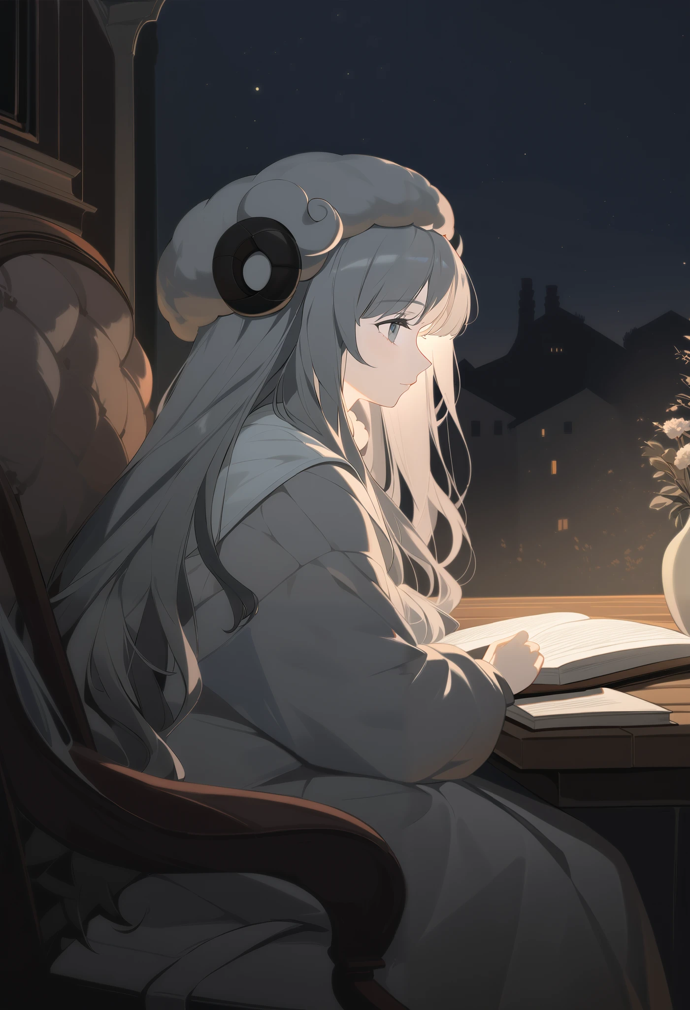 1 Girl,Gray long hair,Sheep hat , sit quietly and read a book, furry, gray eyes ,Profile,night,European classical style decoration,vase, oil painting style ,moonlight, ray tracing