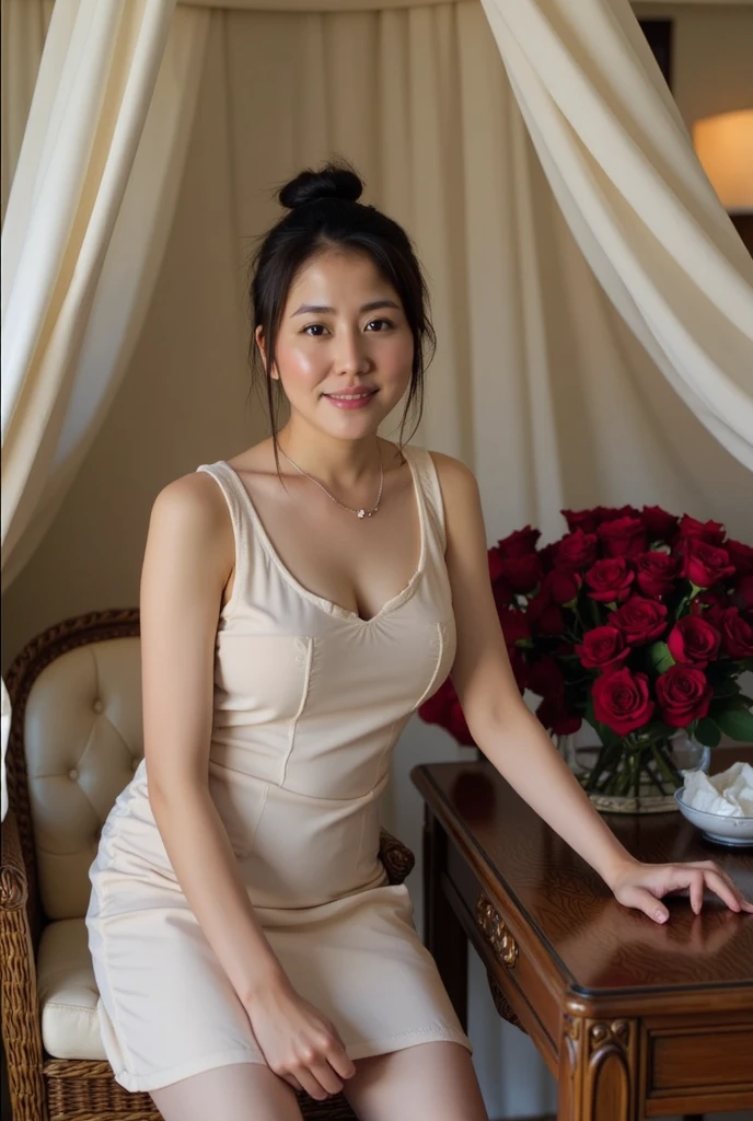 The malay girl (arsold), curvacious, tied hair, huge breasted, wearing sleeveless knee-lenght nightgown.  sitting at the dressing table. The luxurious bedroom is decorated with red roses and a mosquito net with the night light as a background detail. Look at the viewer, natural light, realistic photography, wide angle shot from side.