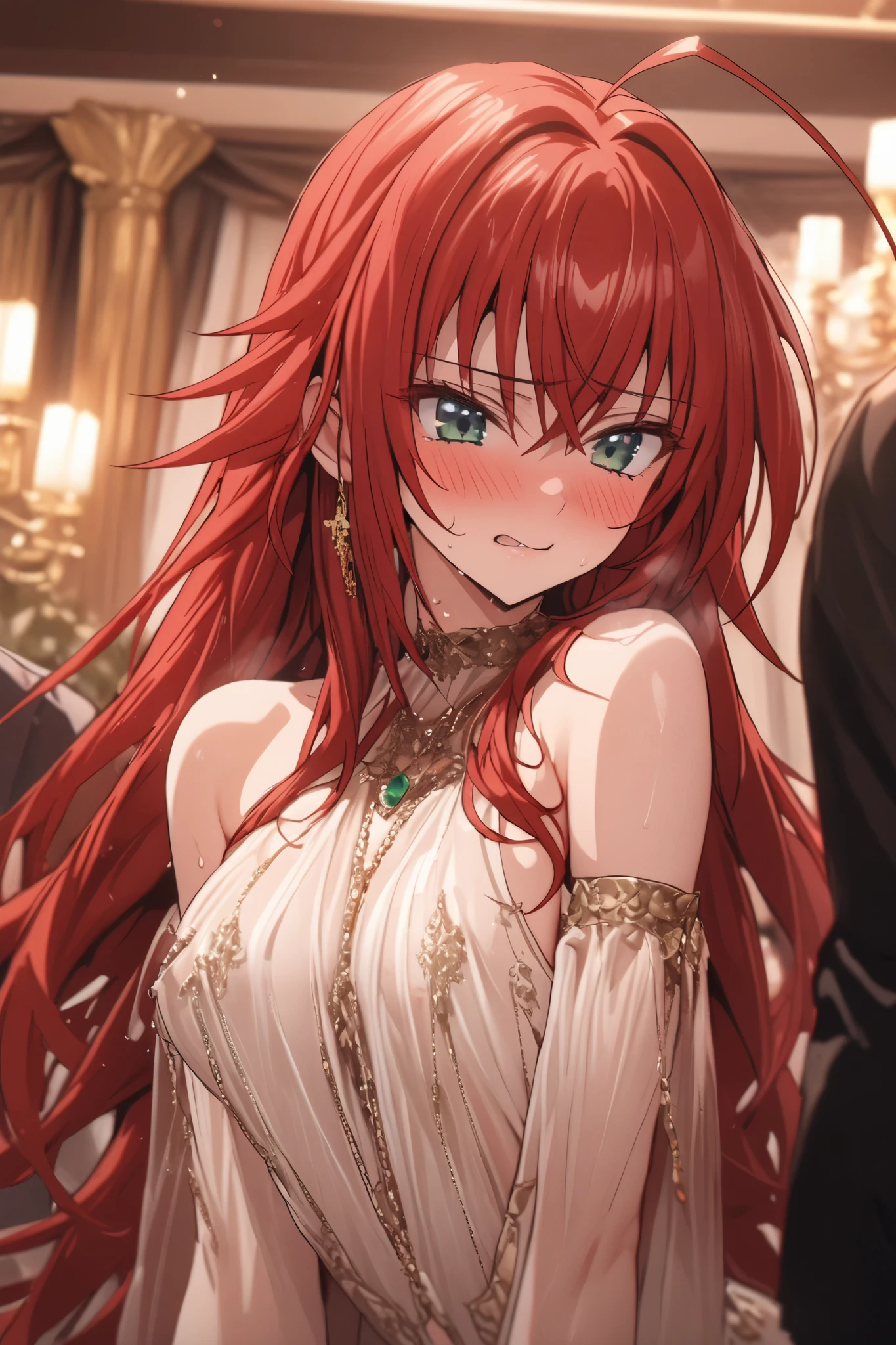 NSFW,masterpiece, top quality, high definition , very detailed, Rias Gremory、Huge ahoge、 long hair、Hair between the eyes、 green eyes、Red Hair,white see-through mini dress,Chest cut-in,Luxurious mansion, party venue ,concubine,A facial expression of pleasure,Embarrassed,blush,My chest is grabbed,Having my groin caressed,male