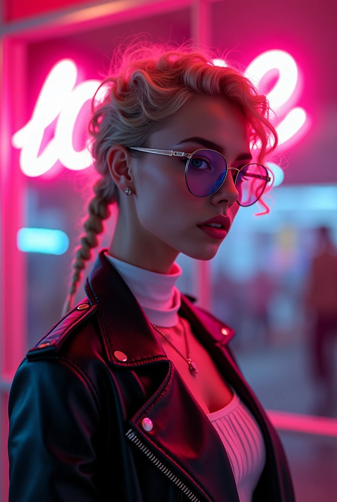  The girl Beautiful and Sexy ,  is wearing a fashionable leather jacket and a white shirt ,  Beautiful Curvy blonde hair with short hair , Blackened ,  Small earrings , neon light,  cyberpunk style ,  A small blue pigtail is beautifully braided in her hair, text "Love"  neon glasses on the sign you can clearly see ,  masterpiece fails, 8 k,  better quality ,  complex , bright colors,  Maximum Details ,  maximum quality,