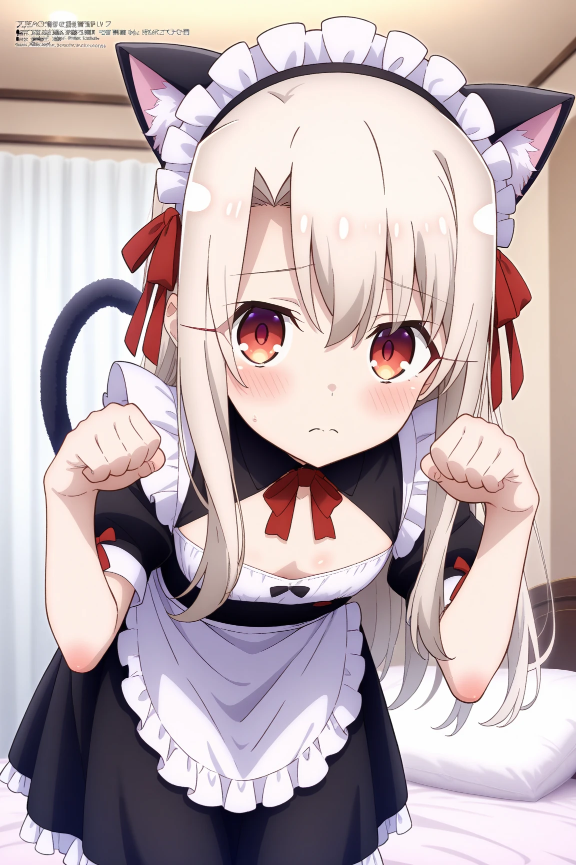 Illyasviel Von Einzbern,megami magazine,long hair,white hair,hair between eyes,red eyes,flat chest,
((maid,cleavage,maid headdress,fake cat ears,cat tails)),
1loli,(is embarrassing,big blush,closed mouth,steam:1.0),
((leaning forward,paw pose,looking at viewer:1.2)),
(bedroom background:1.0),clothed