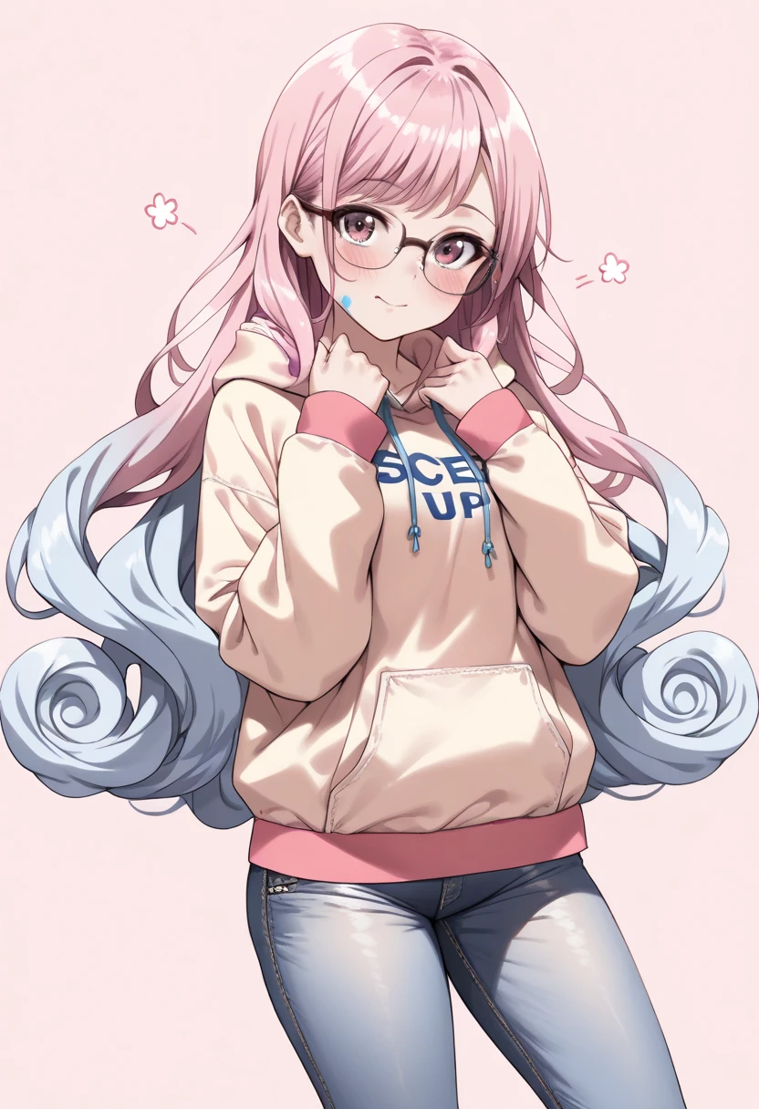 a beautiful 20 years old woman, wearing blue and pink colour designer hoodie and jeans, pink background , wearing glasses, slight blush on face, sky blue colour hair, very long and curly hair, 8k, ultra-detailed, (best quality:1.2), vivid colors, soft lighting, warm color tone, natural pose, highly detailed facial features