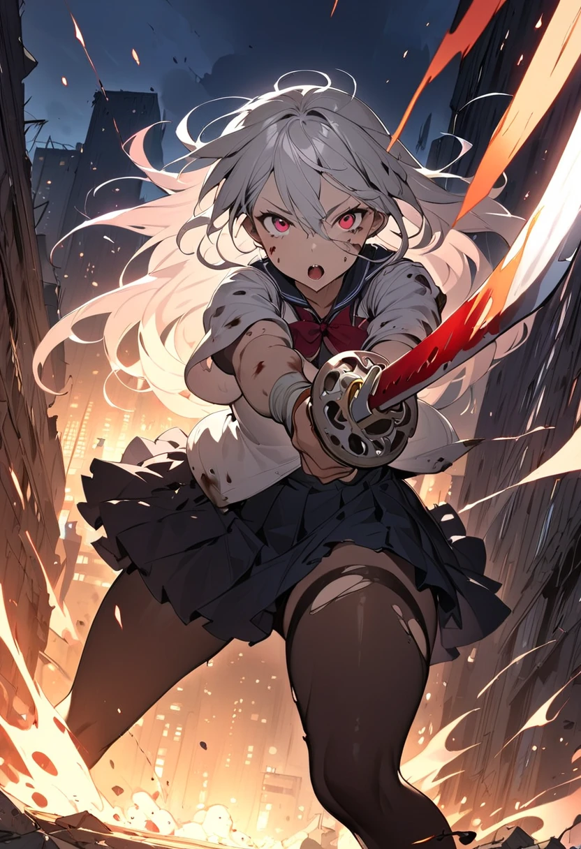  (best quality),(very aesthetic),(ultra-detailed),(best illustration),( highres icon), (beautiful),(masterpiece),(extremely detailed face), A high school girl fighting against a group of zombies in ruins,1girl,Alone,red eyes,silver hair,long hair, hairs between eyes.big breast,big thighs,wide hip,shout,(school uniform),black pantyhose, ankle boots,(torn clothes:1.5, torn clothes),Holding a katana-sword in hand,mid night, big red moon floating in the night sky, anatomically correct, zombies attacking the girl,Multiple Zombies,Abandoned City, Burning City ,sparks are scattered ,A battle taking place in a ruined city, with skyscrapers collapsing,Mountain of s,white bra,white panties,(dynamic pose,fighting stance)