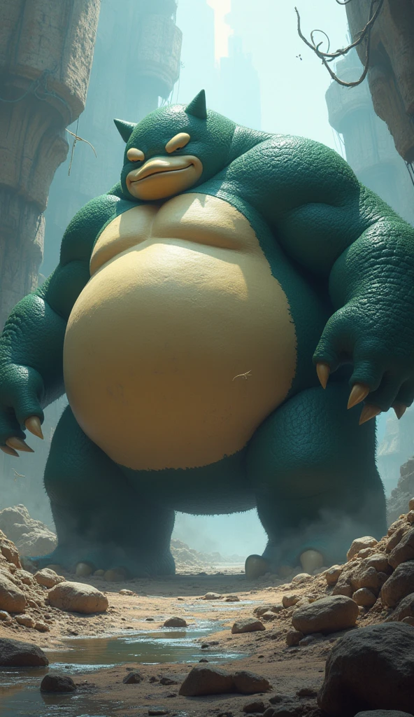 Dragon, green skin, obese, massive yellow belly, , dominant, low angle, toothy grin, dark environment, 
