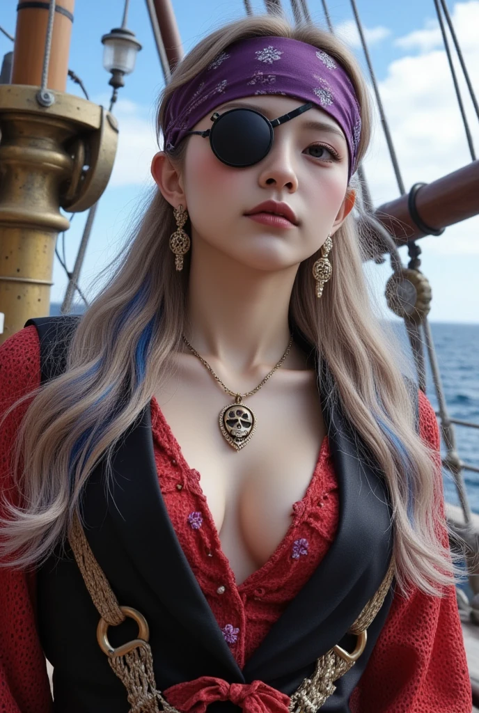 8K, ultra hd, masterpiece, 1 girl, good face, detailed eyes, very long hair, detailed lips, small breasts, (fantasy:1.2), (ultra detailed:1.5), (pirate outfit:1.5), ((pink outfit)), titanic ship, sea, gun in hand, (perfect body),