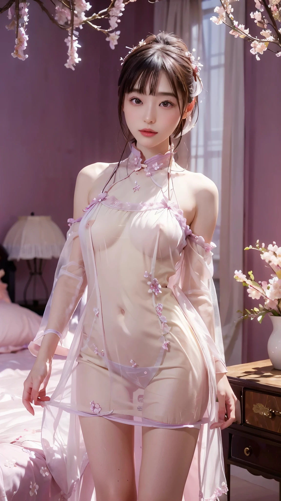 A Chinese girl, Photorealism, Clarify the focus, Mysterious Light,Luxurious bedroom, Big , ( Alexandroid colorful mesh nightdress),(The jewelry is inspired by plum blossoms), ultra high resolution, (Reality: 1.4),(Shiny body),(Beautiful fingers),Standing。