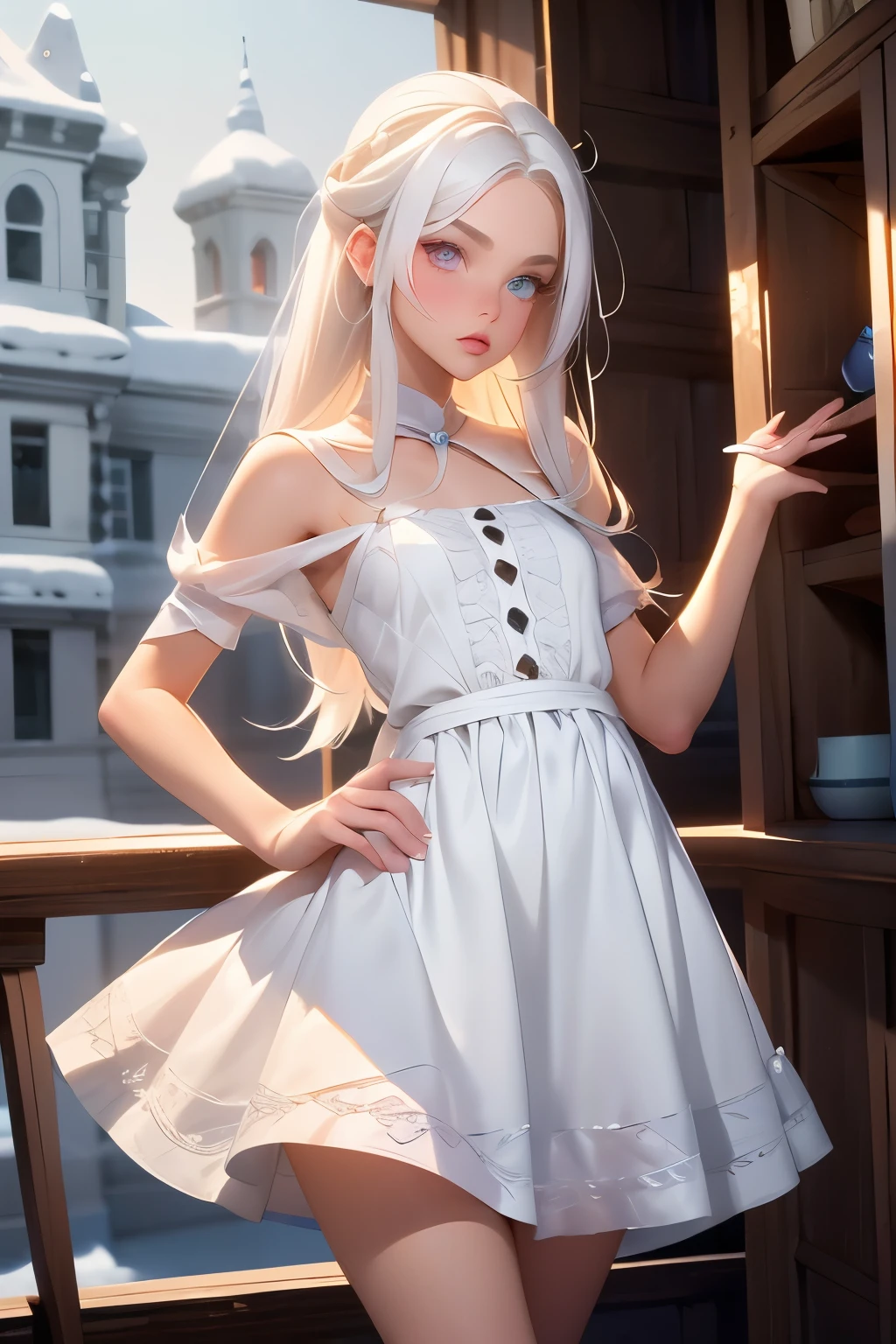  pretty girl  . She is 18 years old , height 180 centimeters .  small chest  , Second size .  Long very beautiful legs . snow-white hair .  She has heterochromia  (pupils of different colors ) .  One eye is blue  , the second is brown  .  She is wearing a simple dress  ,  standing at the ball  .