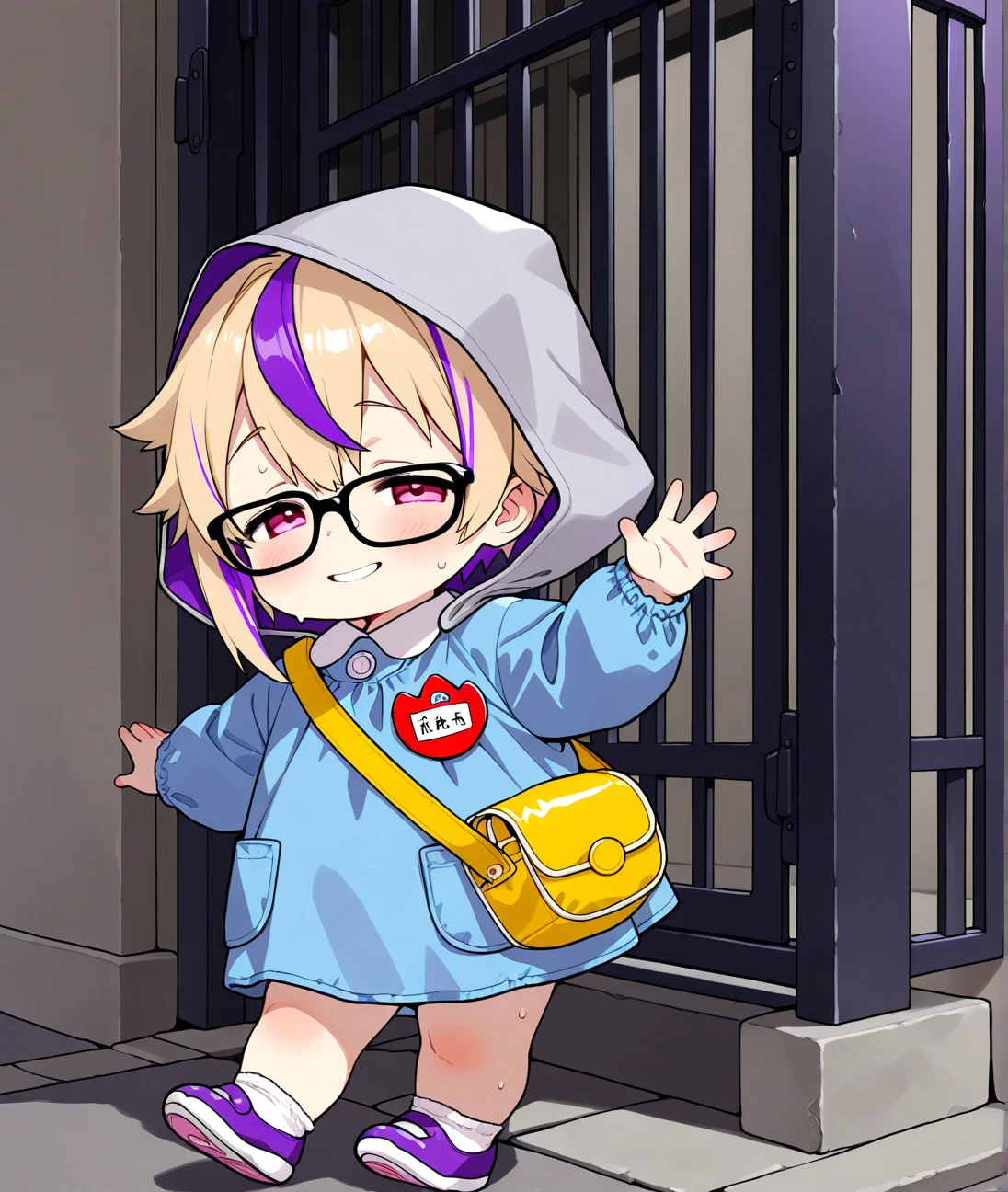 score_7_up,score_8_up,score_9, solo, ((1girl, little toddler, Short limbs, full body)), short Hair, blonde hair, ((highlights hair, smoky purple streaked hair)), asymmetrical hair, pink eye, (half closed eyes, tareme, black frame glasses), (kindergarten uniform, Gray hoodie, hood up), white sneaker, BREAK, walking, faint smile, stoop, waving hand, sweat, BREAK, outdoor, Kindergarten, at the gate, from side