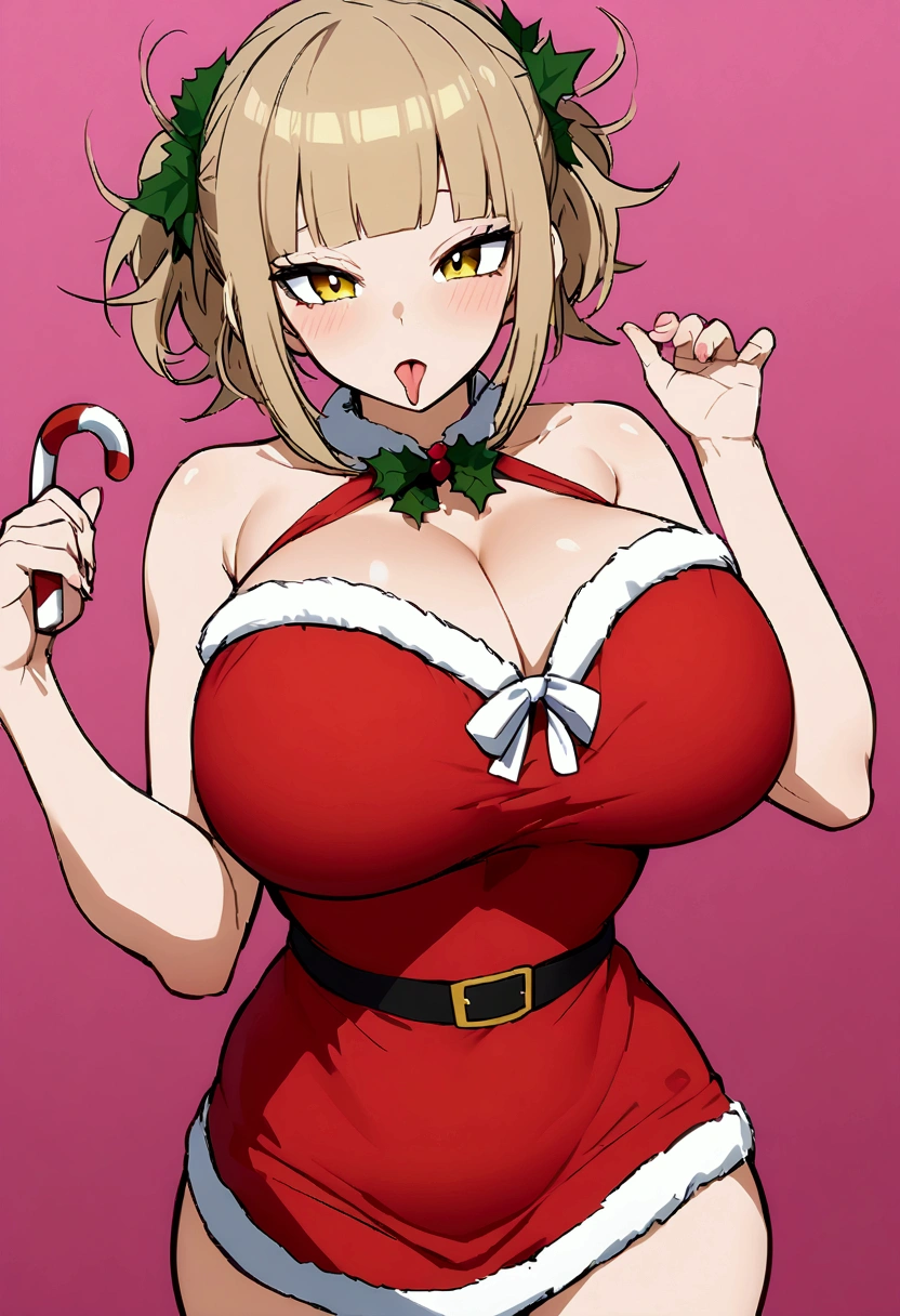 Character Himiko Toga from the anime noku no hero with big boobs in a sexy christmas dress and licking a candy cane